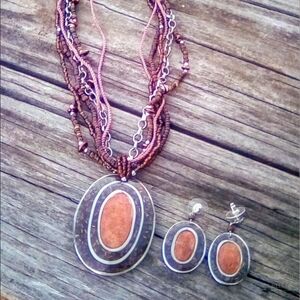 Vintage Brown Multi Strand Necklace Set Coconut Shell Oval Adjustable Earrings